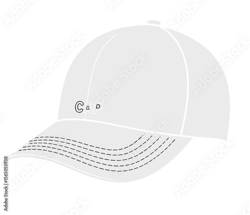 Embroidered curved brim baseball cap technical flat sketch, fashion headwear vector, sporty hat design, stylish unisex accessory template