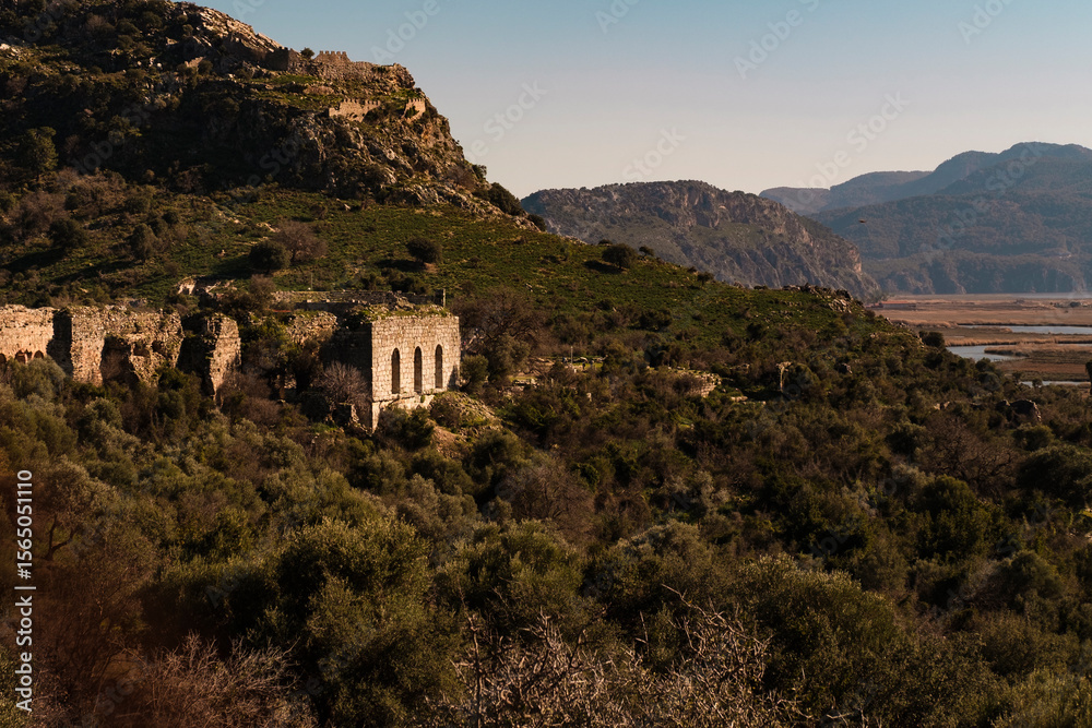 Fototapeta premium amazing nature landscape of Kaunos antique town historical ruins and ancient Lycian dalyan harbour