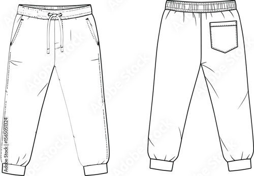 Flat sketch of jogger pants with drawstring waist, wide cuffs, back pocket, casual wear design, front and back views.