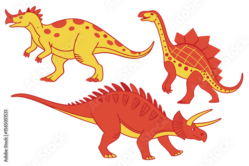 Cute Cartoon Dinosaurs in Red and Yellow