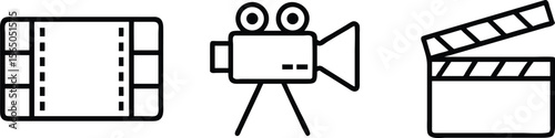 Video icons. Shooting set icon. Film shooting, camera, vintage film, clapboard symbol for app, website, design element. Movie concept. Vector illustration on a transparent background.

