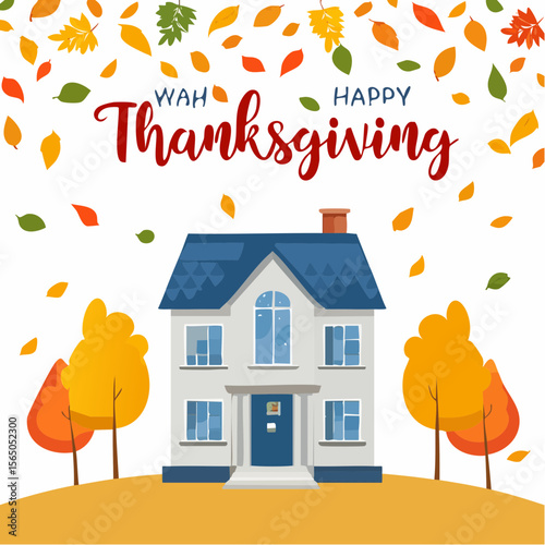 Thanksgiving Home: A charming illustration of a house set against a backdrop of falling autumn leaves, celebrating the spirit of Thanksgiving.