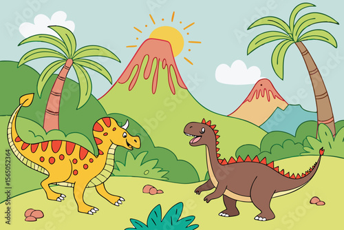 Two Cute Dinosaurs in a Prehistoric Landscape