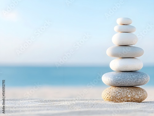 Tranquil Beach Scene with Stack of Rocks