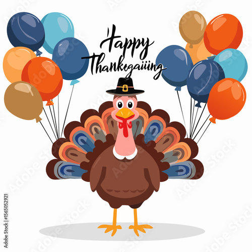 Thanksgiving Turkey Celebration: A vibrant illustration of a festive turkey adorned with a pilgrim hat, surrounded by colorful balloons and celebratory typography.