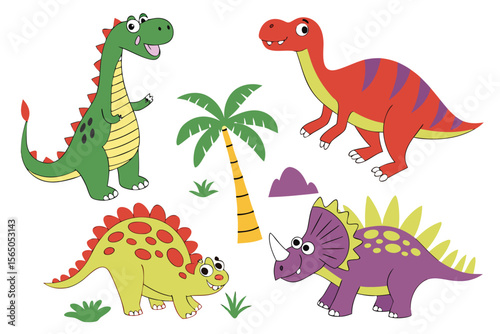 Cute Cartoon Dinosaurs in a Jungle Setting