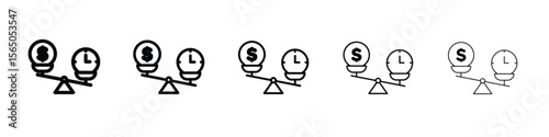 Time and money compare scale icon vector in editable stroke linear pictogram