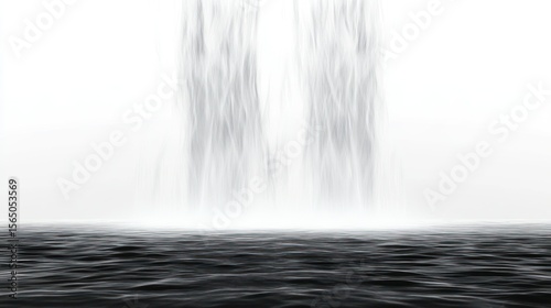 Monochromatic waterfall cascading into a still, dark pool, creating a serene and ethereal atmosphere
