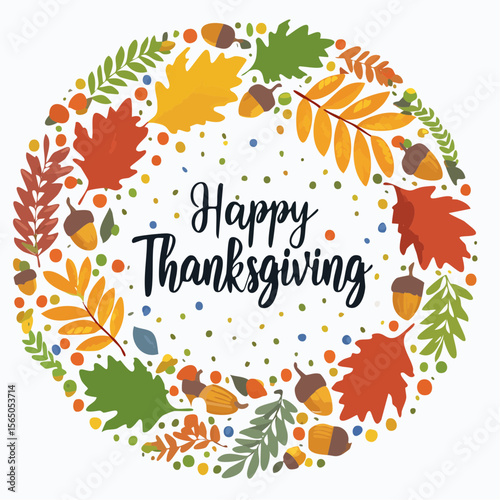 Thanksgiving Festive Wreath: A cheerful Thanksgiving wreath adorns this holiday season, composed of vibrant autumn leaves and acorns, celebrating gratitude and harvest.