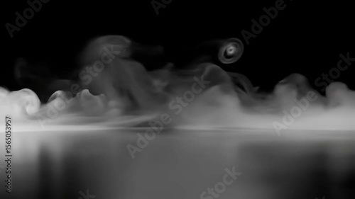 Billowing smoke plumes drifting and curling on a dark reflective surface in minimalism