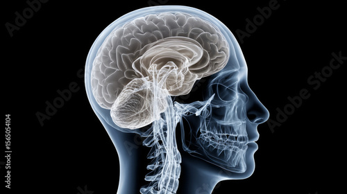 Vagus nerve concept ,Human brainstem with highlighted vagus nerve connection transparent skull x ray showing detailed anatomy