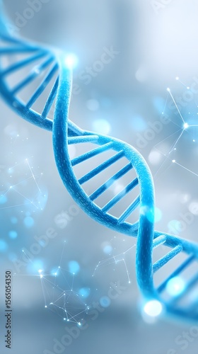 A close-up digital illustration of a blue DNA double helix strand with glowing effects and connected molecular network in a soft blue background.