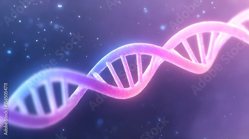A glowing, stylized DNA double helix strand illuminated in purple and blue light against a dark, starry background.