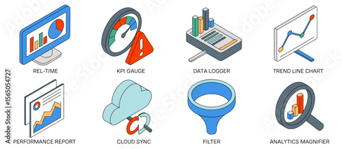 Data analytics icons set: real-time dashboard, kpi gauge, data logger, trend chart