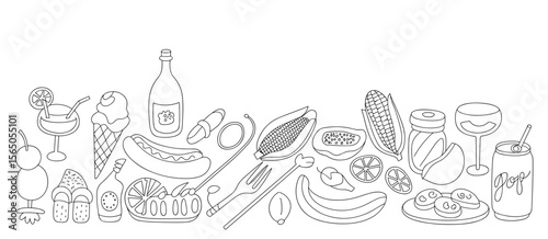 Line art illustration of summer picnic food and drink items, food, picnic, line art, drink, summer, illustration, isolated, meal, graphic, beverage