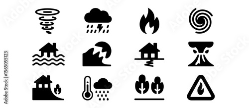 Natural disaster icons set: tornado, flood, earthquake, fire, volcano, hurricane