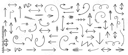 Hand drawn arrow set, direction pointers, sketch elements, vector illustration