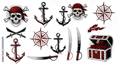 Pirate illustration set with skull, anchor, swords, treasure chest and compass