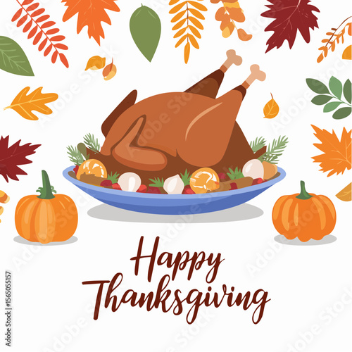 Thanksgiving Feast: A beautifully illustrated Thanksgiving feast featuring a roasted turkey surrounded by autumn leaves, pumpkins, and text "Happy Thanksgiving"
