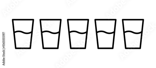 Five glasses with water, minimal style, half full, drink, refreshment, liquid, line art
