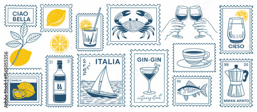 Italian theme postage stamps: lemons, wine, gin, coffee, sailboat, crab, fish