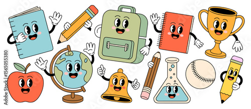 Cartoon school objects: notebook, pencil, globe, backpack, trophy with happy retro style