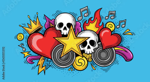 Music doodles with skulls, heart, star, crown, musical notes and speakers on blue