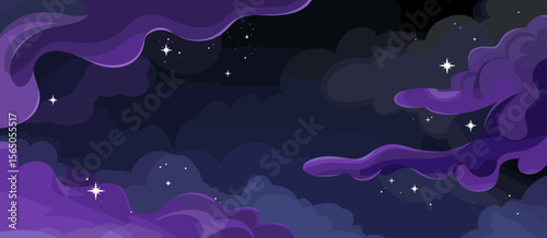 Vector night sky background with stars and clouds, dreamy purple nightscape