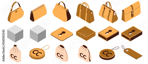 Isometric illustration of purses, boxes, bags, and tags for fashion accessories