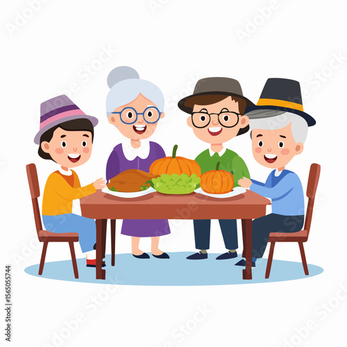 Family Gathering at the Dining Table: A heartwarming illustration of a multigenerational family gathered around a dining table laden with a Thanksgiving feast.
