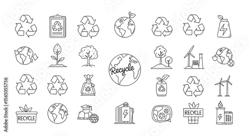 Ecology icon set with recycle symbol, earth, plant, tree, and green energy line drawings