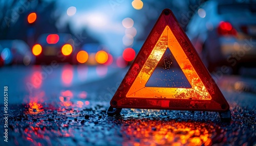 Red Emergency Triangle on Wet Road at Night