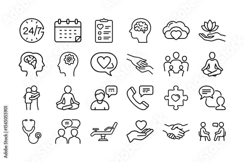 Mental Health & Therapy Vector Icon Set. Featuring 24/7 Care, Calendar, Counseling, Therapy, Communication, Stethoscope, Yoga, Support, and More. Vector Illustration. Editable Stroke.