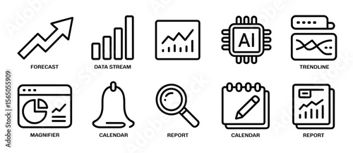 Data analysis icon set: forecast, data stream, trendline, report, calendar, and AI chip