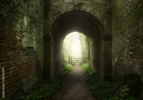 Misty forest archway pathway