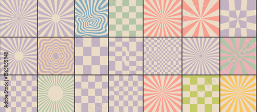 Retro abstract background with sunbursts, checkered pattern, psychedelic swirls, seventies style
