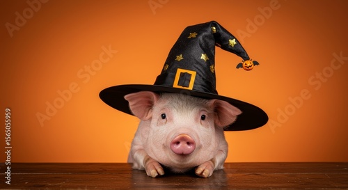 Pig in Witch Hat Halloween Costume - Adorable piglet wearing a witch's hat, Halloween theme, festive, cute, whimsical. Symbolizing: fun, cuteness, Halloween, autumn, celebration