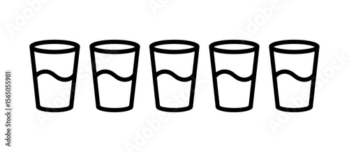 Five glasses filled with liquid, drinks, beverages, hydration concept, refreshment