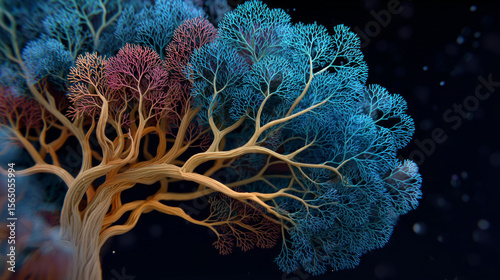 Nervous system tree with vagus as main trunk showing intricate blue and red branching nerves in artistic style