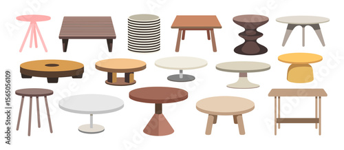Set of various coffee tables, furniture, decorative tables, vector illustration
