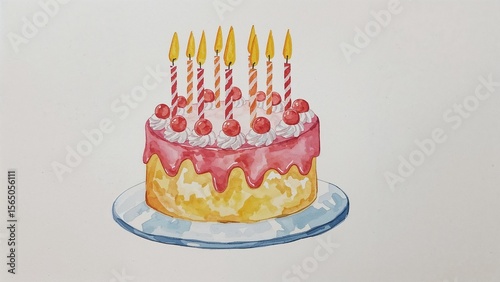 Vibrant watercolor birthday cake with glowing candles