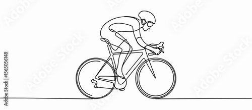 Single line drawing of cyclist racing bicycle, one person sport activity cycling workout fitness