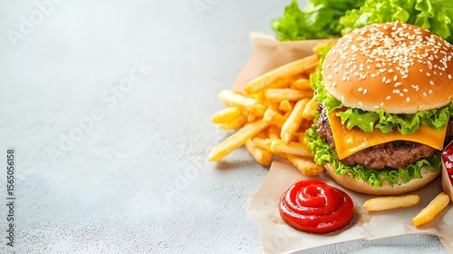 Close-up of Hamburger and French Fries on Vintage Background