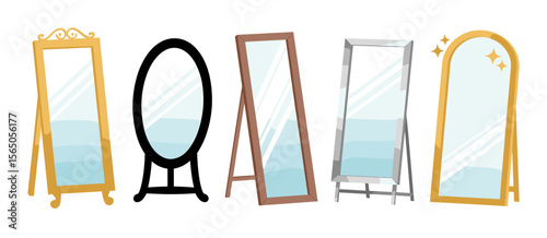 Collection of five standing mirrors in various shapes and frames on white background.