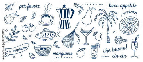 Italian food icons set, fruit, drink, coffee, per favore, buon appetito doodles.