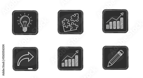Business chalk icons set: idea, puzzle, growth, share, analytics, pencil signs