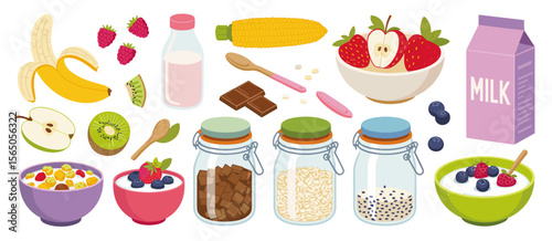 Healthy breakfast foods illustration: fruit, milk, cereal, ingredients for granola