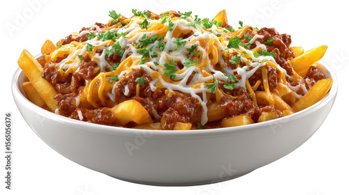 Bowl of chili cheese fries with parsley garnish on transparent background