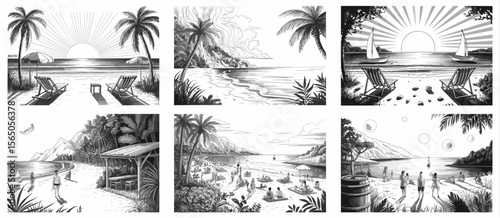 Beach scenes drawing collection with tropical landscape, people, coastline and travel.