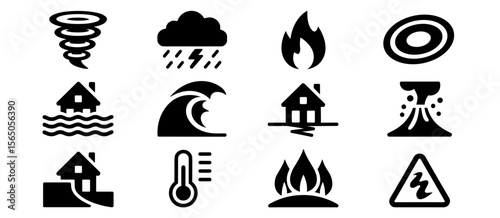 Natural disasters icons: tornado, flood, fire, earthquake, tsunami, global warming